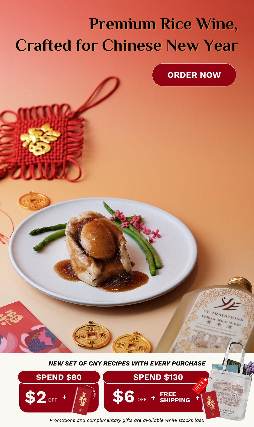 Ye Traditions rice wine with a dish and packaging on an orange background.