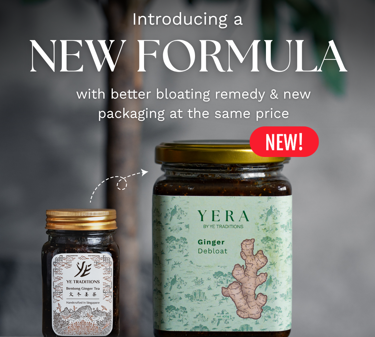 Two jars with labels, one labeled 'Yera' and the other 'Ye Traditions', on a blurred natural background.